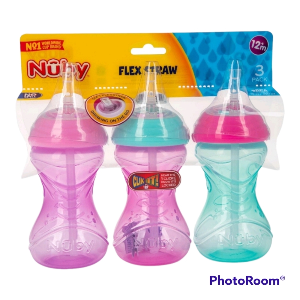 Nuby 3 Piece No-Spill Easy Grip Cup with Flex Straw, Clik It Lock Feature, Girl,